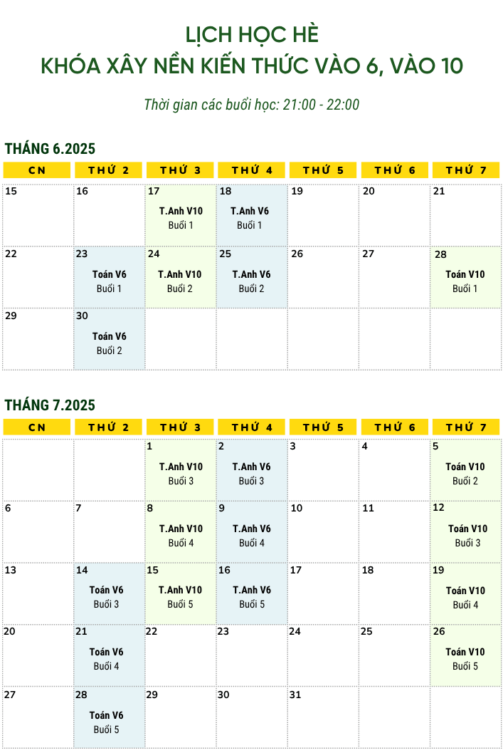 Thời khóa biểu khóa xây nền vào 6/ vào 10